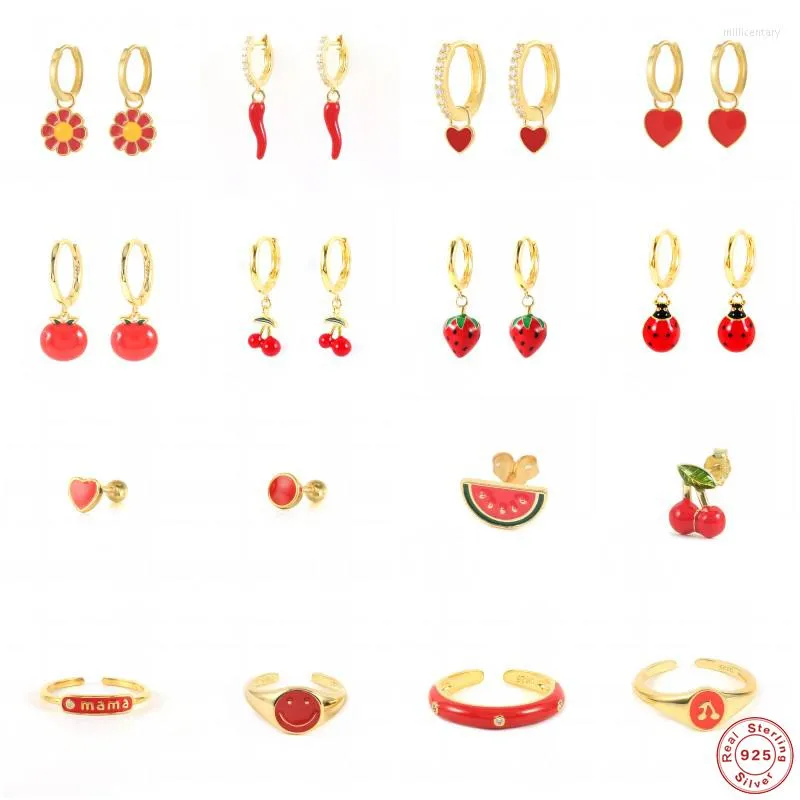 Boucles d'oreilles créoles Aide 925 argent Sterling émail rouge série coeur cerise fraise fruit pendentif cercle bijoux fins cadeau