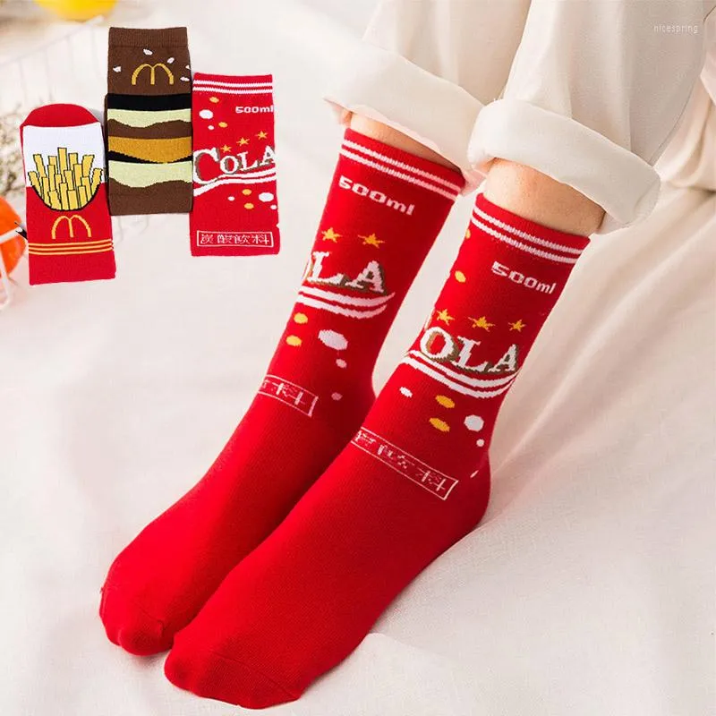 Sportsocken für Damen, modisch, lässig, Baumwolle, Lebensmittel, Cola, Pommes Frites, Hamburger, Neuheit, flippig, lustig, fröhlicher Buchstabe, rot, kurz, ausgefallen