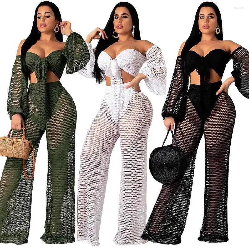 Women's Swimwear 2022 Summer Hollow Out Cover Ups Sexy Women Off Shoulder Top Beach Pants Bikini Swimsuit Up Beachwear 2PCS/SET