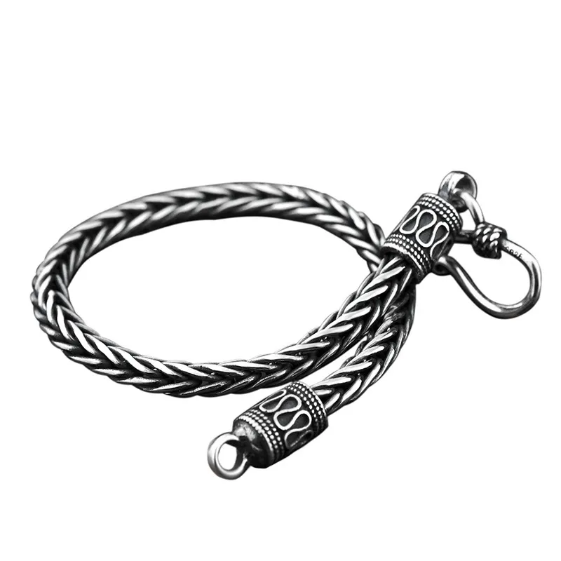Retro Link S925 Sterling Silber geflochtenes Kielarmband für Männer Hübsche und vielseitige handgefertigte Hanfseilkette mit S-Schnalle