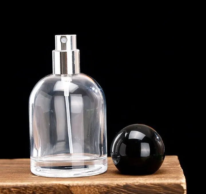 Bottiglia riutilizzabile di profumo a crimpare in vetro trasparente da 30 ml 50 ml 100 ml Bottiglia spray vuota imballaggio cosmetico con coperchio a forma di palla in argento nero