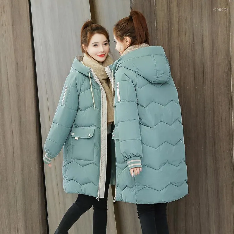 Damesgeul Lagen Fashion Down Cotton Jacket Coat 2022 Winter Parkas Hapleed Ladies Outerwear Warm Dikke dikke lange jassen Casual Student