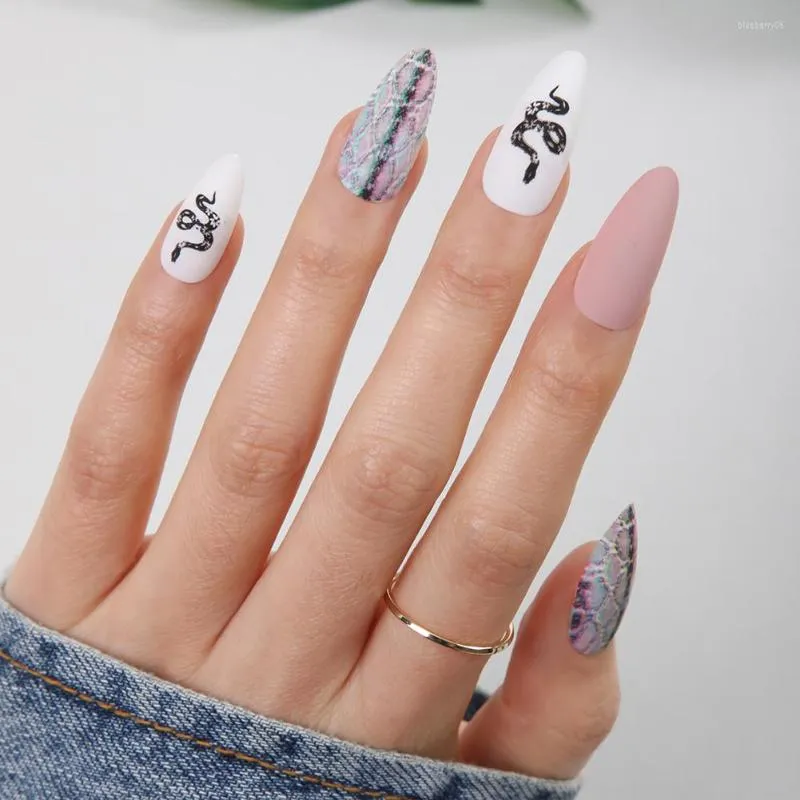 Valse nagels slangenprint Frans lange druk op elegante vingernagels sticker verwijderbaar met jellygel 24 stcs nep sana889