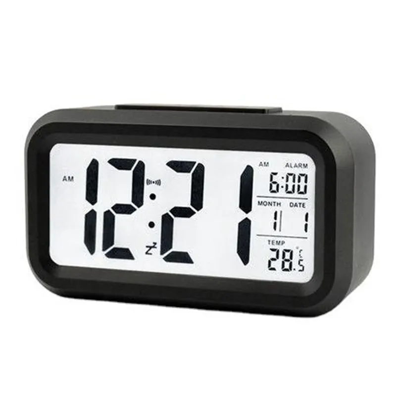 Plastic Mute Alarm Clock LCD Clocks Temperature Photosensitive Bedside Digital Alarmclock Nightlight Calendar