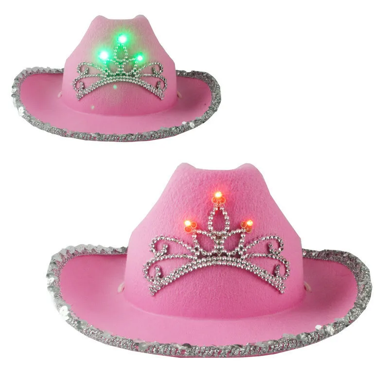 Halloween -hoeden tiara voelde cowboy met LED -lichtwonmen roze voor kostuumaccessoires prop