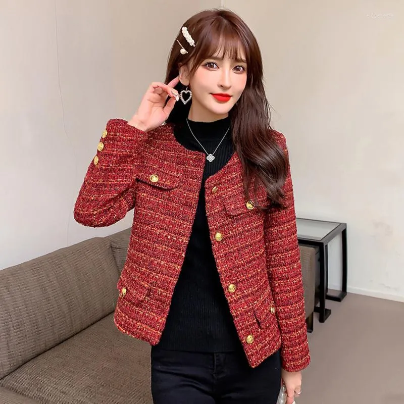 Kvinnorjackor Autumn Spring Red Tweed Jacket Coat Women Vintage Korean Fashion Long Sleeve O Neck Woolen Coats Elegant Short Outerwear