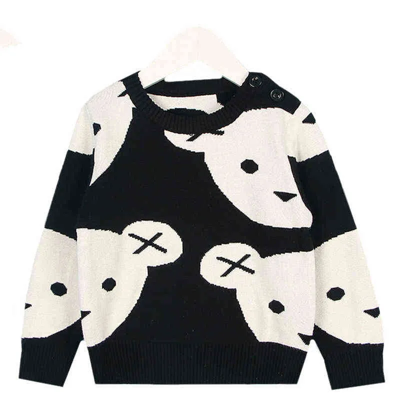 Pullover New 2022 Baby Girl Clothes Cute Cartoon Cotton Knitting Fashion Children Black White Bear tröja pojkar Cardigan Kids Coat 0913