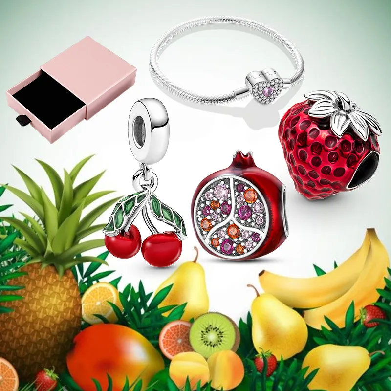 925 Silver Fit Pandora Charm 925 Bracelet Lemon Cherry Charms Set Pink Heart Bracelet plata de ley 925 Fruit Pineapple charms set Pendant DIY Fine Beads Jewelry