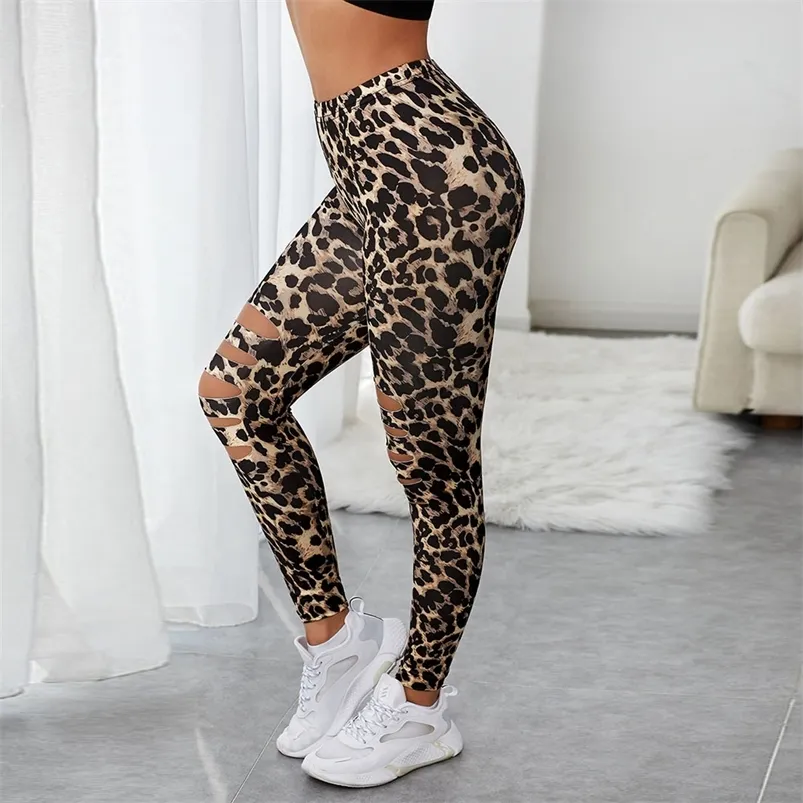 Kadın Taytlar Sebowel Leopard/Solid Siyah Kadın Yüksek Bel İçi Boş Out Sıska Uygun Streç Taytlar Kadın Gündelik Taytlar Uzun Pantolonlar S-XL 220914