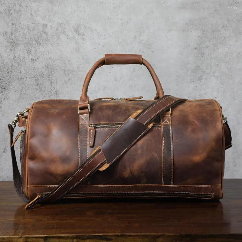 Duffel Bags Men Vintage Carry-on Travel Luggage Full Grain Leather Holdall Weekend Large Capacity Overnight Shoulder Bag