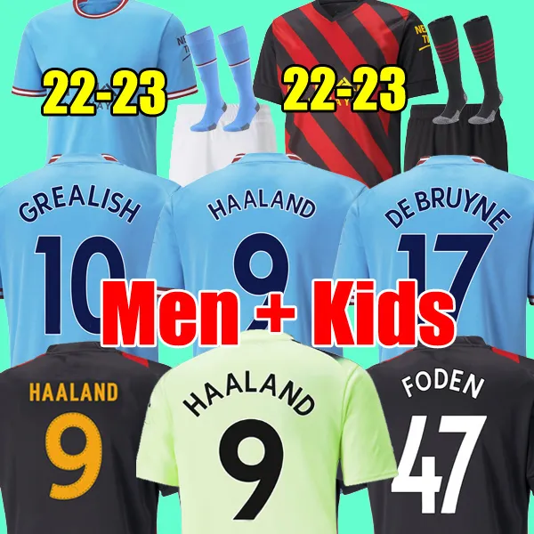 22 23 Haaland voetbaltruien GREALISH Sterling Mans Cities Mahrez Fans Player -versie De Bruyne Foden 2022 2023 voetbaltoppen Shirt Kids Sets Uniform