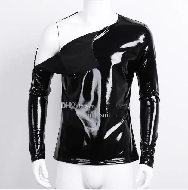 Costumi Catsuit neri T-shirt da uomo in ecopelle a manica lunga con cerniera in pvc T-shirt da discoteca in stile discoteca con pullover hip-hop lucido metallizzato