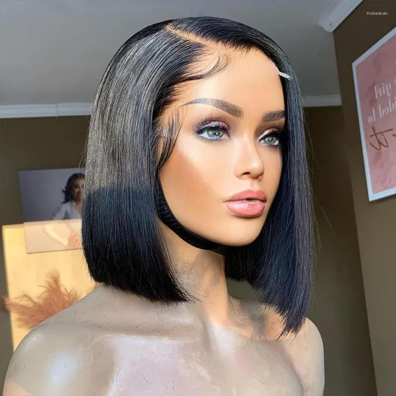 Side Part Lace Human Hair Wigs 13x1 Asymmetrical Wig Natural Color Brazilian Remy Bob For Black Women