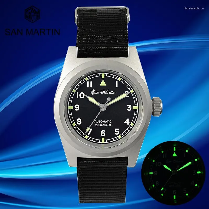 Zegarek San Martin Watch Sapphire Glass 38 mm vintage entuzjastów wojskowych Automatyczne zegarki mechaniczne Nylon Pasek 20bar