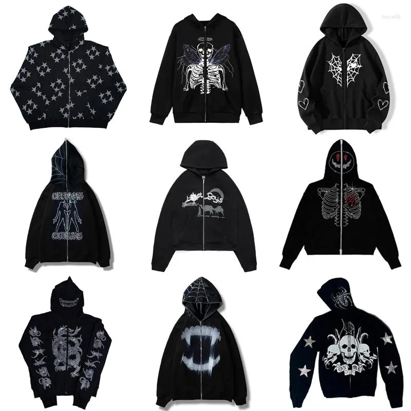 Mens Hoodies Black Rhinestones Skeleton Star Anime Y2k Sweatshirts Zip Up Hoodie Oversized Men Goth Jackets American Fashion -sell