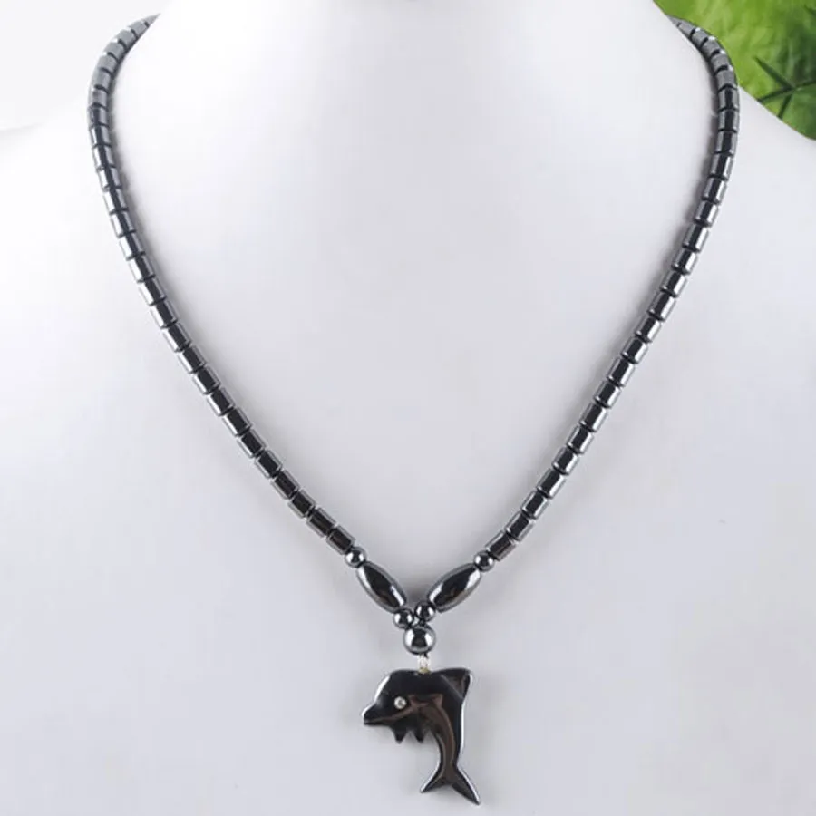 Collier pendentif baleine Animal mignon pour femmes, perles d'hématite noire, ras du cou 18 pouces, bijoux en pierre naturelle à la mode F3041