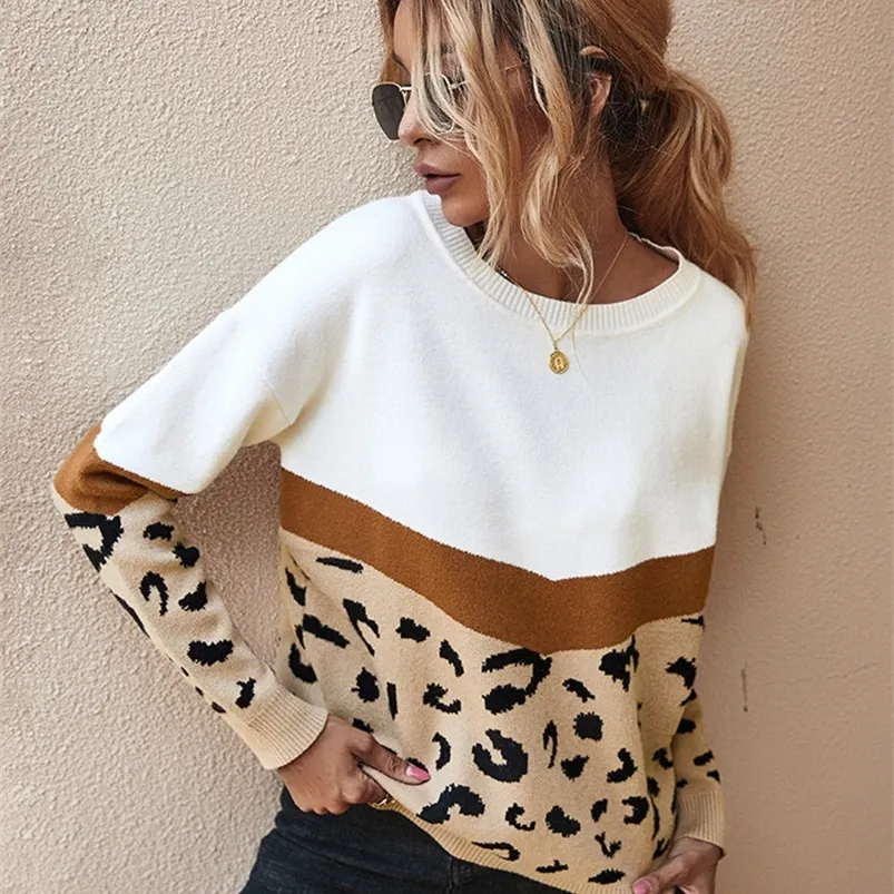 Kvinnors stickor Tees Fashion Leopard Patchwork Autumn Winter Ladies Sticked tr￶ja Kvinnor O-Neck Full Sleeve Jumper Pullovers Top Khaki Brown 220914