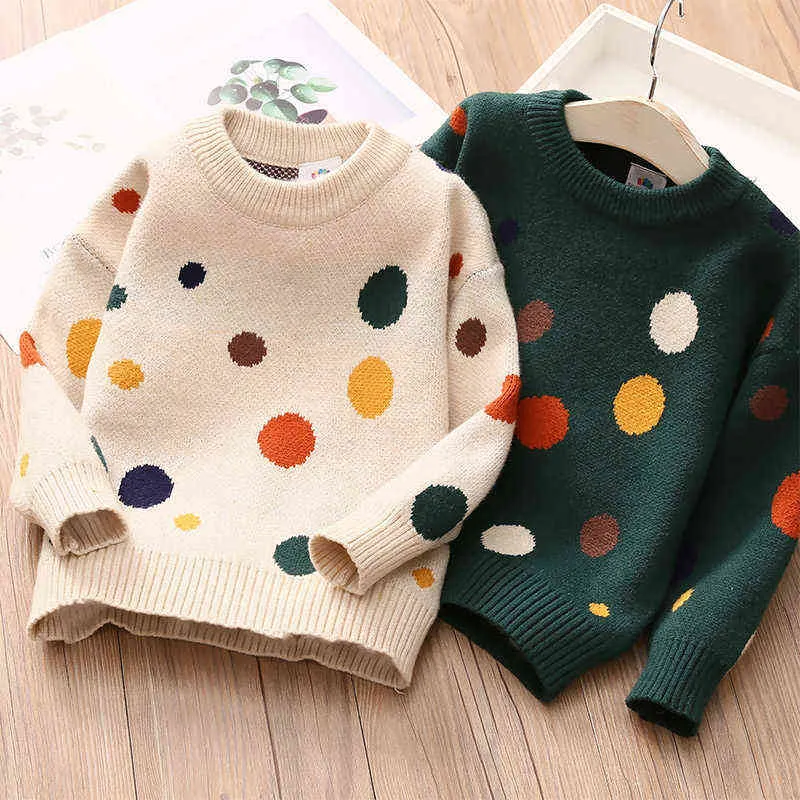 2022 automne printemps 2 3 4 6-10 ans enfants vêtements pour enfants col rond coloré Dot tricoté pull hiver pull pour bébé filles 0913