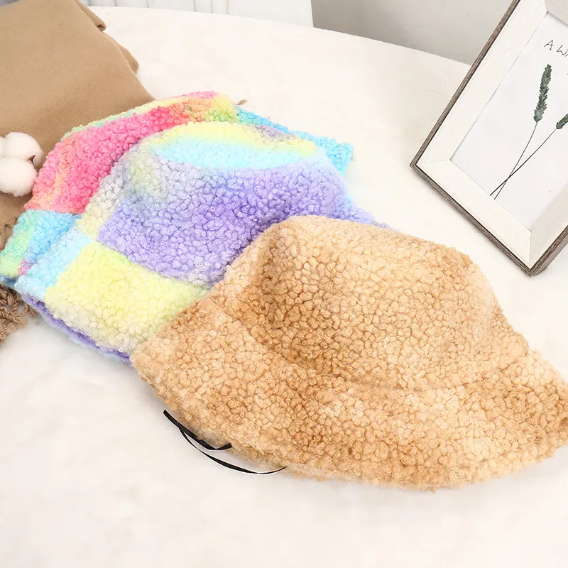 2022newTie-dye candy-colored lamb velvet fisherman hat wide-brimmed adjustable color-blocking plush basin hat female Korean version fashion casual bucket hats