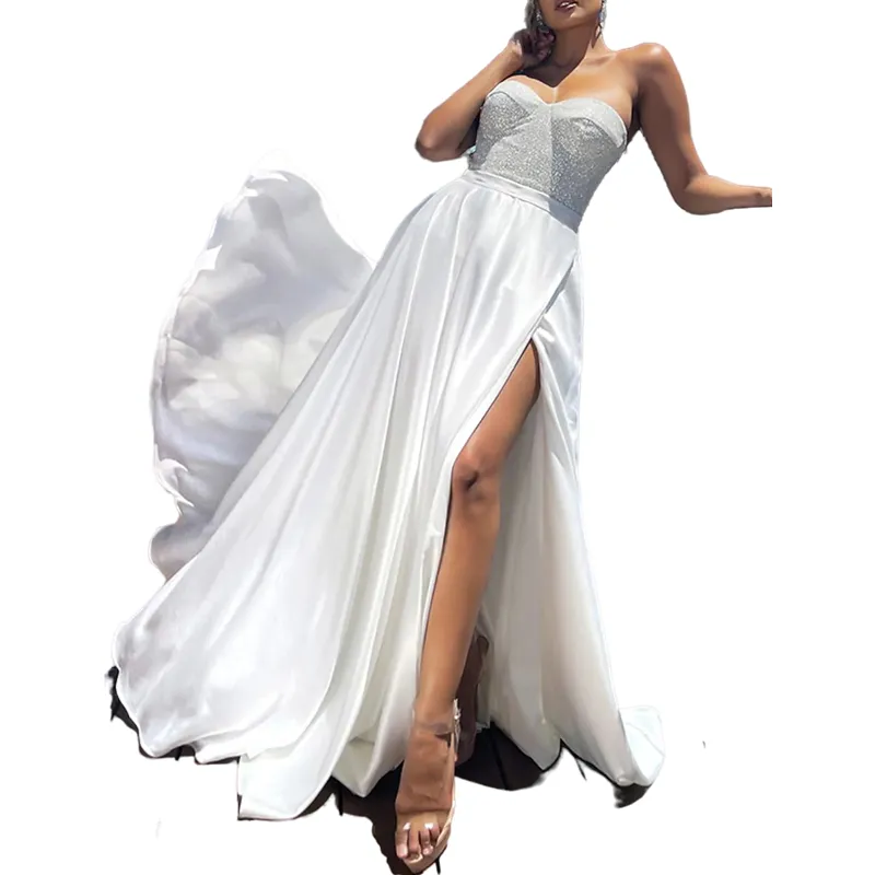 Sparkling Shiny Sequin A-Line Prom Dress with Pockets with Satin Finish, Side High Split, Sleeveless Design, and Brush Train
