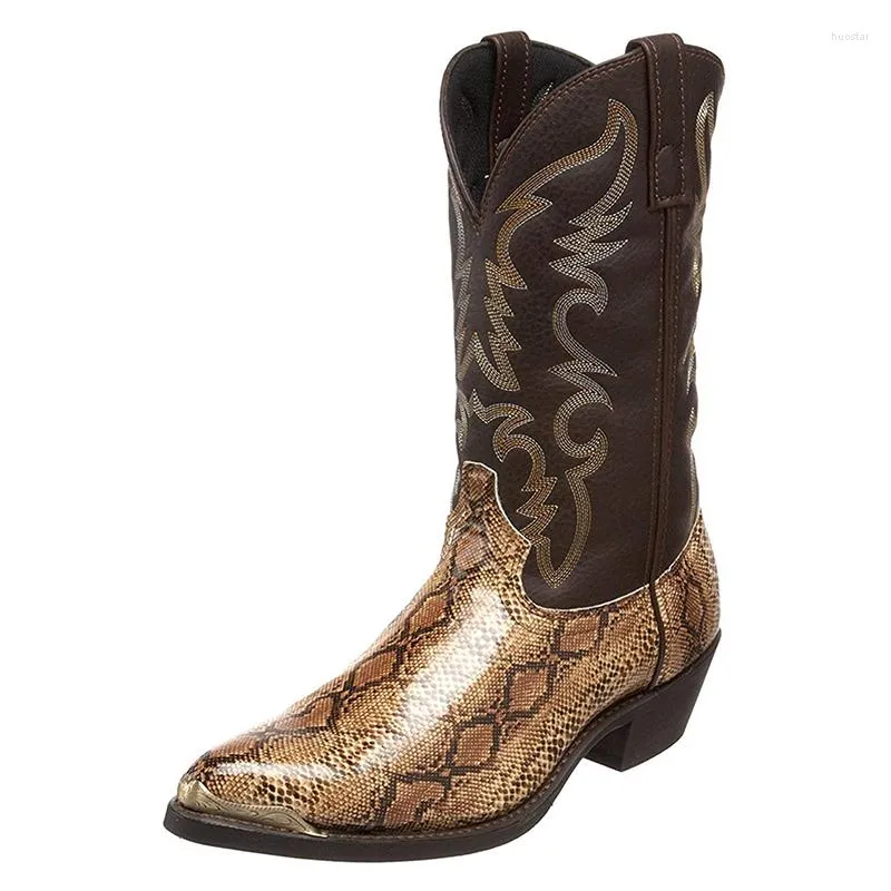 Boots Men's Leather Fashion High Heels Plus Size 38-48 Printed Pattern Middle Iron Toe Western Cowboy Couple