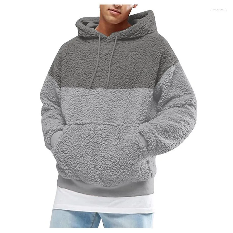 Herren Hoodies Herren Sweatshirts Herren Fuzzy Pullover Hoodie Sweatshirt Langarm Sport Fronttasche Herbst Outwear Patchwork Teddy