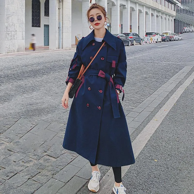 Women's Trench Coats Women's Coat Female High-end Contrast Color Women Windbreaker Long Spring Autumn Casual Loose Temperament Navy