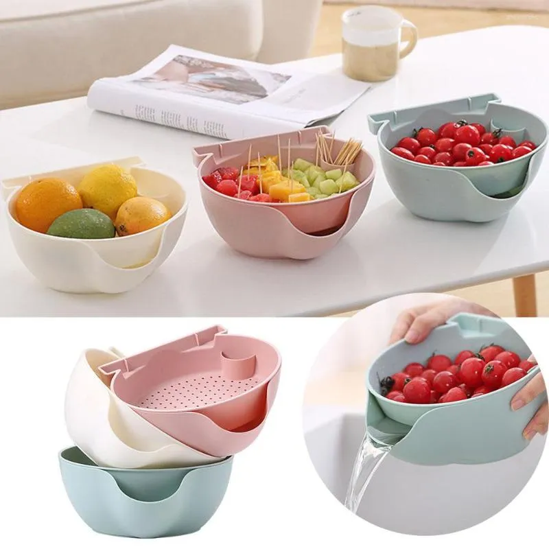 Hooks 1PC Double-Layer Plastic Fruit Plate Filter Bowl Lazy Snack With Mobile Phone Bracket Storage Box Living Kitchen Tools