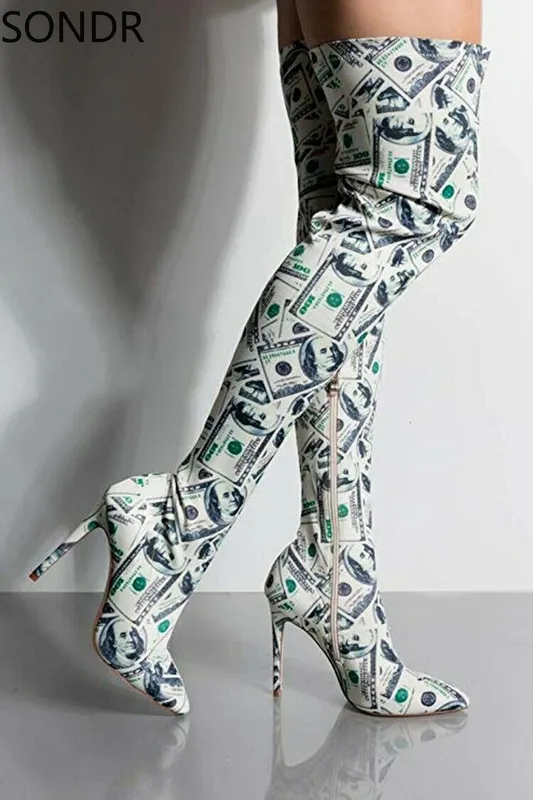 Stivali Hundret Dollar Money Print Donna Punta a punta Coscia Alta Stiletto 220913