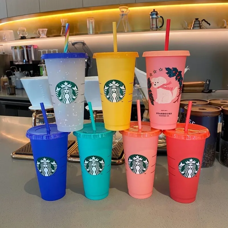 Starbucks Kupa Kupaları 24oz/710ml Saman Şeffaf Renk Değiştirme PP Plastik Net Kırmızı Soğukta Renk Dönüyor