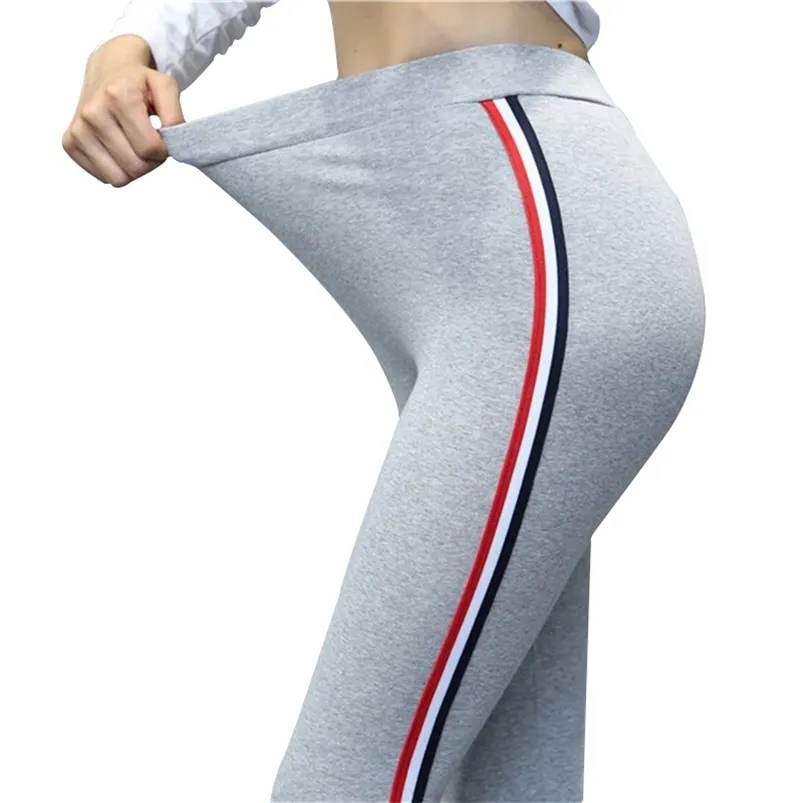Kadınların Tayt Kaliteli Pamuk Yan Stripes Kadınlar Günlük Yüksek Stretch Pantolon Yüksek Bel Fitness Kadın 220914