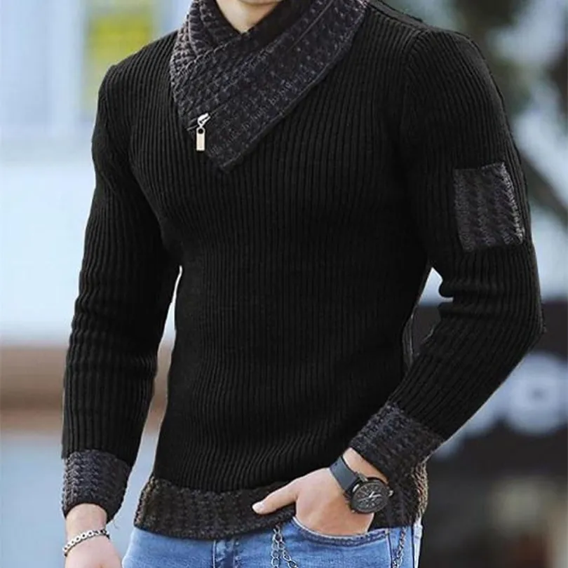 Mens Sweaters European and American mens casual slim fit knitted pullover long sleeve scarf collar sweater mens wear 220914