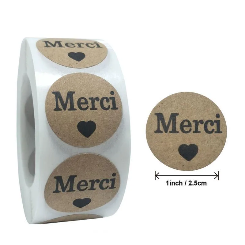 ملصقات لاصقة 500pcs/Roll Merci French شكرًا لك ملصقات Seal Seal الملصقات ذاتية الزفاف.