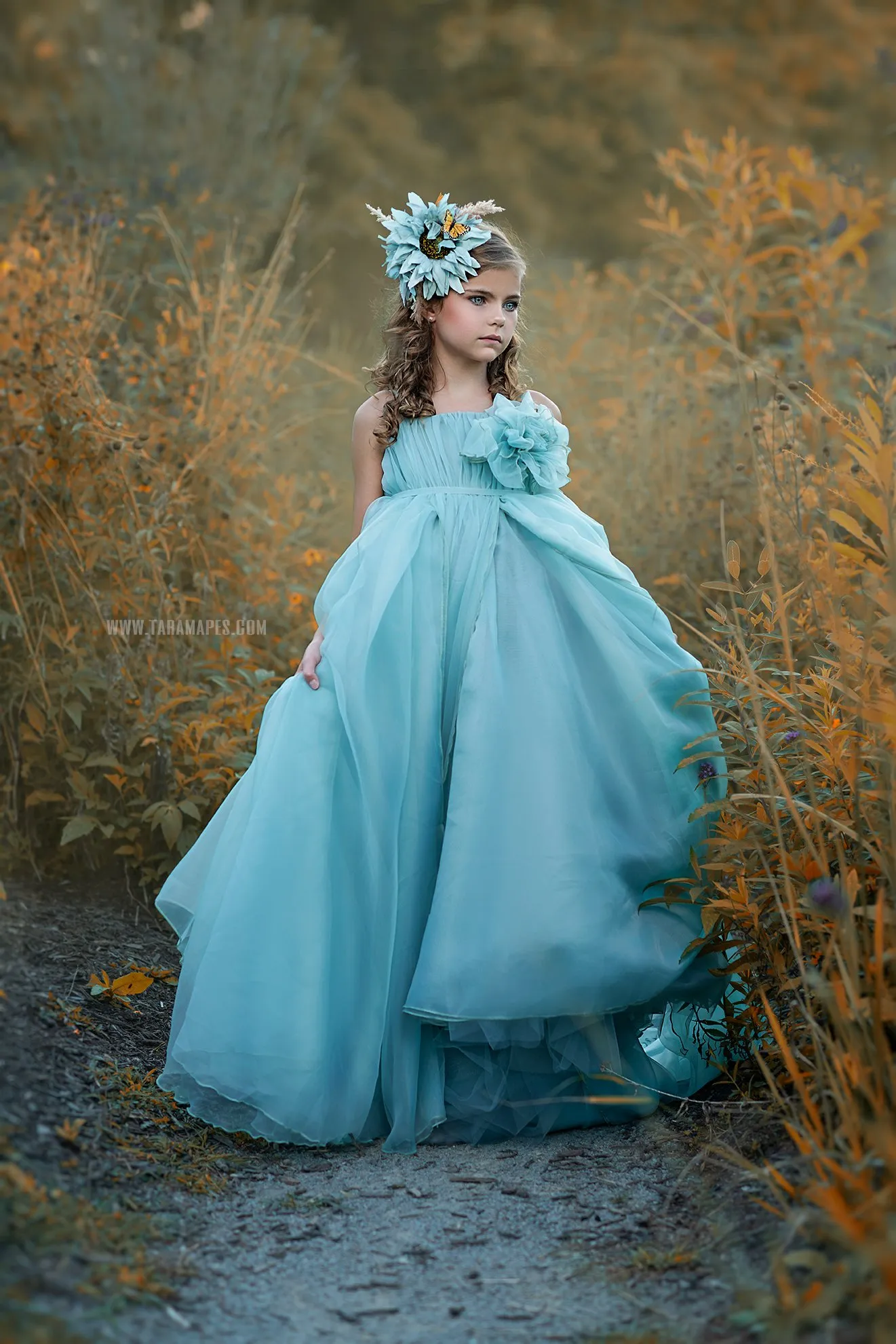 Boho Floral Flower Girl First Communion Dress in Light Sky Blue for Birthday, Pageant, Photoshoot, First Communion - Tulle Gown for Kids