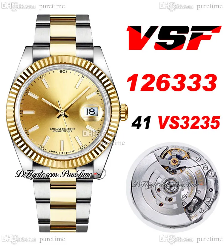 VSF Bara 126333 VS3235 Automatisk herrklocka 41 Två ton Yellow Gold Champagne Dial Stick Markers 904L OysterSteel Armband Super Edition Samma Series Card Puretime B2 B2