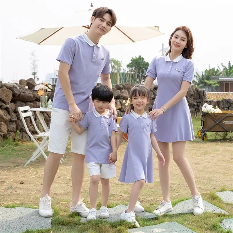 Family Matching Outfits, Short Sleeve Polo T-shirt for Father and Son,  Dress for Mother and Daughter, Light Pink and Purple Pure Color Clothing Set