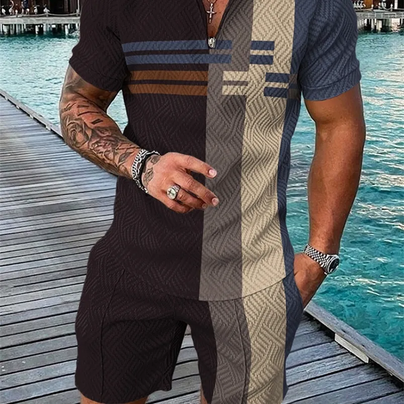 Survêtements pour hommes Summer Men's Survêtement élégant à manches courtes Polo Set Turn Down Collier Zipper Vêtements 2pièces Casual Outfit Costume Streetwear 220914