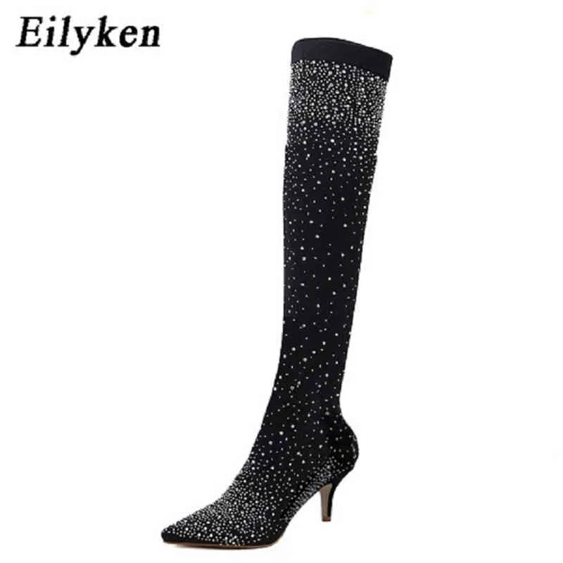 Stivali Eilyken Design Strass di cristallo Tessuto elasticizzato Tacchi alti sexy Calzino sopra gli stivali al ginocchio Punta a punta Scarpe da ballo da donna 220913