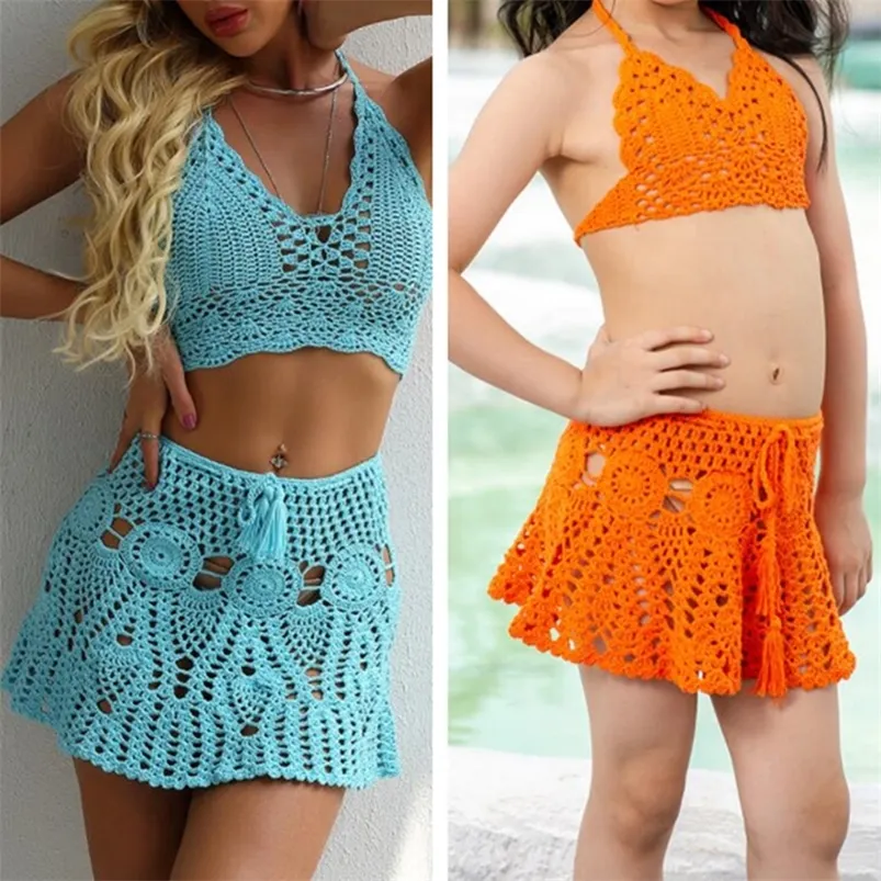 Family Matching Outfits CROCHET BIKINI Family Matching Clothes Mother Daughter Cover Up Swimsuit Swim Skirt Swimwear Bathing Swimdress Beachwear 220914