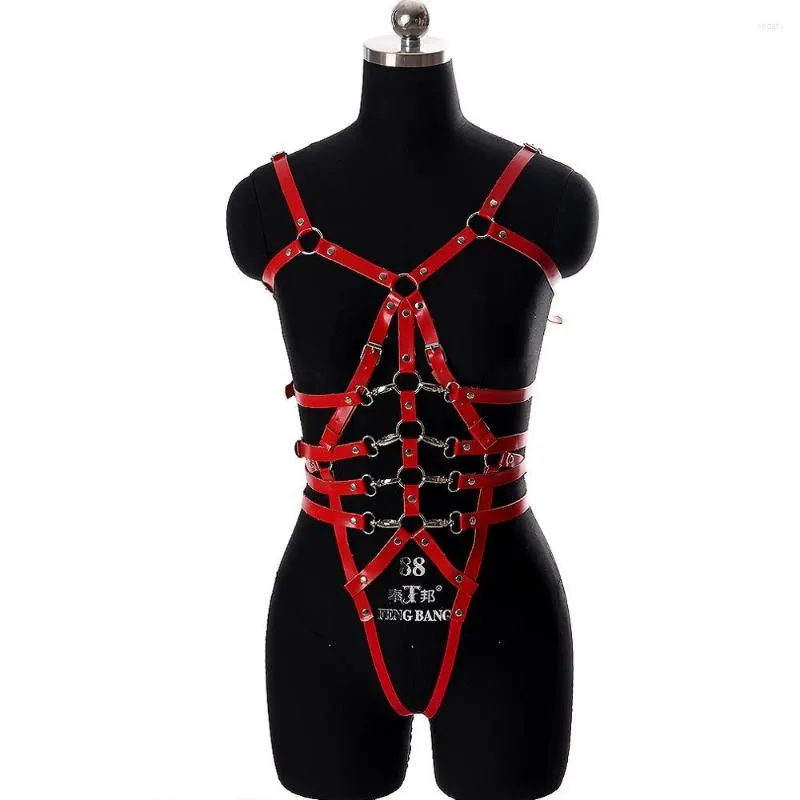 Bälten kroppssele bh läder set röd underkläder ihålig triangel ram bondage topp plus size goth dans rave bustier