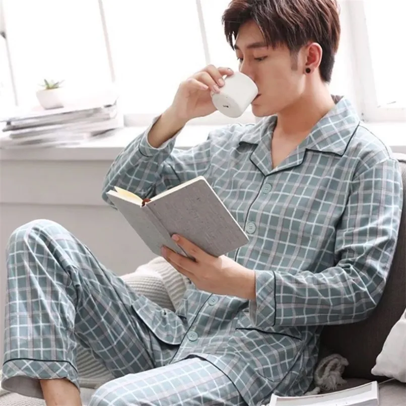 Mäns sömnkläder 100% bomullspijama för män 2 stycken lounge pyjamas pläd våren sängklänning hem kläder man pjs ren pyjamas set 220914