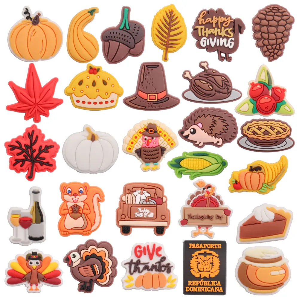 MOQ 20Pcs PVC Pumpkin Pine Maple Leaf Turkey Pie Corn Squirrel Happy Thanksgiving Sandals Buckle Shoe Charms Boys Girls Decorations For Button Clog Backpack