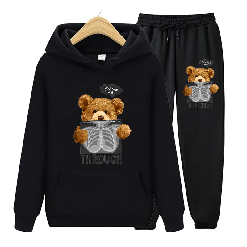 Womens Cute Bear Print Hooded Tracksuits, 2-Piece Casual