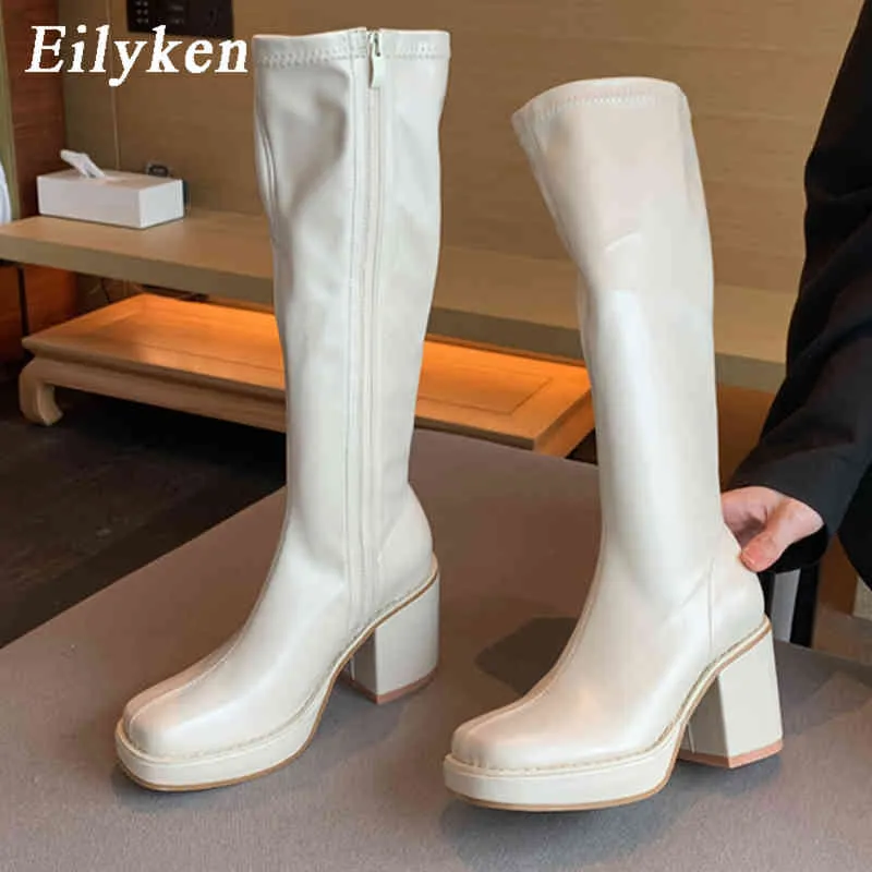 Bottes Eilyken nouveau genou bottes femmes talon carré décontracté hiver longue botte chaussures dames bout rond Zip mode Cool chevalier chaussons 220913