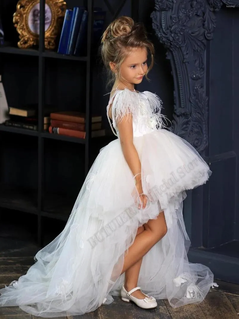 Girl Dresses High Low Lace Jewel Neck Feather Flower Ball Gown Baby Girls Birthday Wedding Party Pageant Costumes Customised