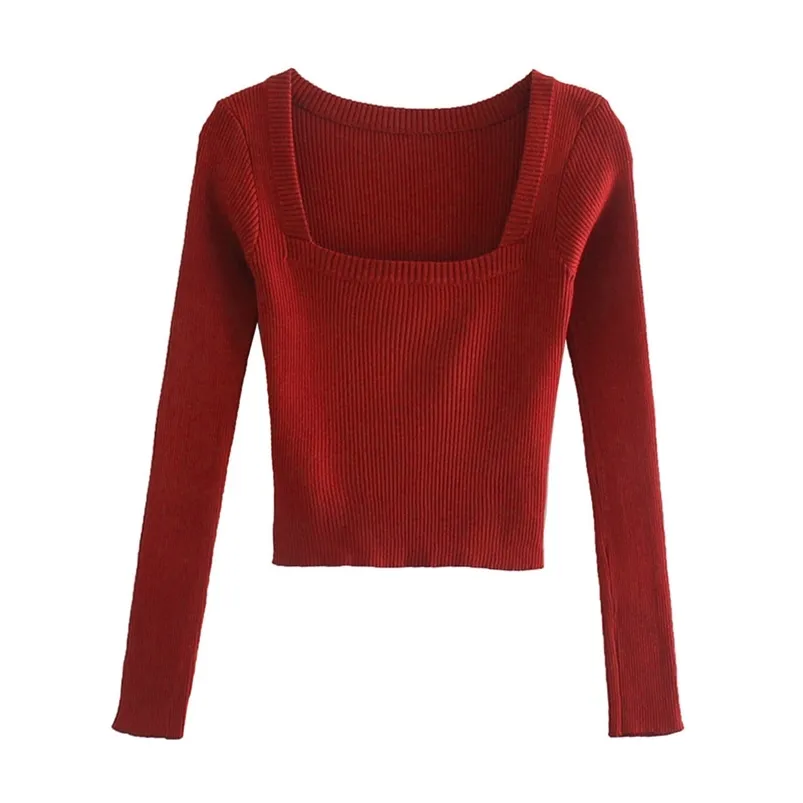 Damesbreien Tees Blsqr Vintage Square Neck Women Sweater Red Red Long Sleeve vrouwelijke gebreide trui elasticiteit dames pullover jumper 220914