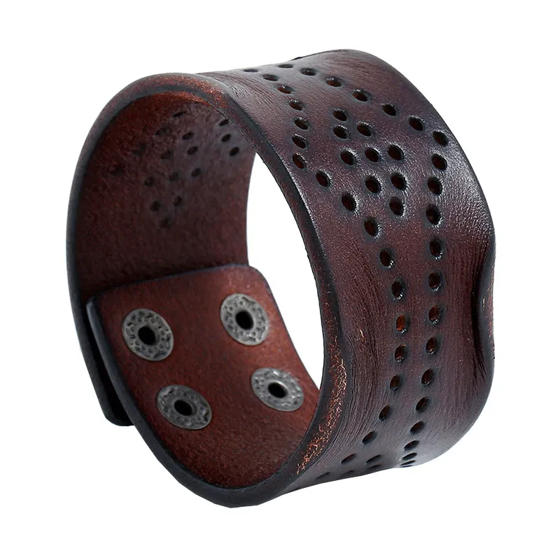 Wide Hollow Leather Bangle Cuff Button Justerbar armband Wristand för män Kvinnliga smycken