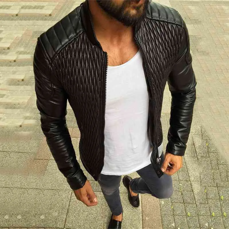 Men's Jackets Men Motorcycle Bomber Jacket Casual Faux Leather Zipper Stand Collar Leather Jacket With Pocket Fashion Male Top Blouse T220914