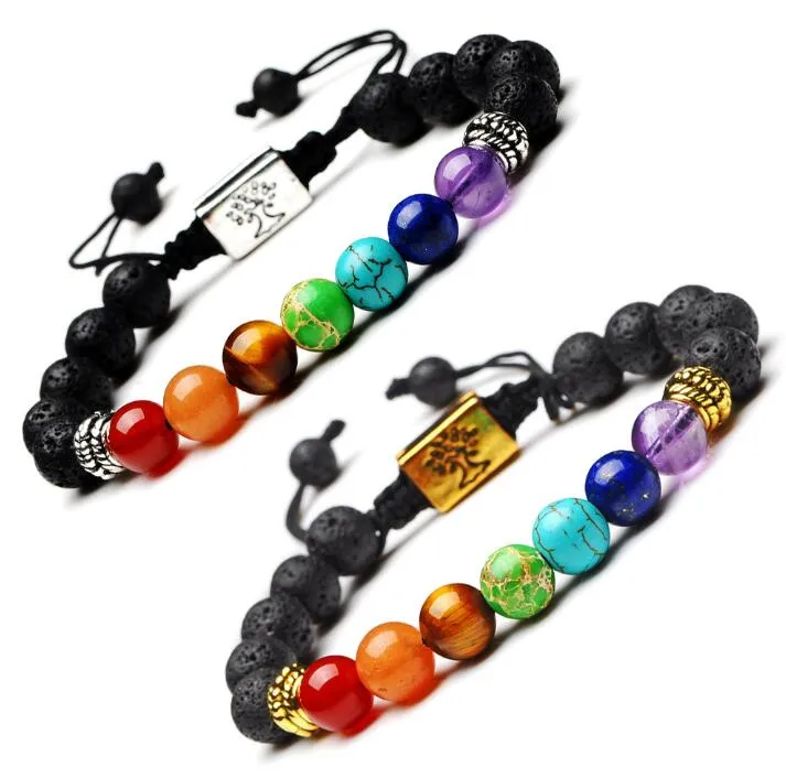 Handmade 7 Chakra Tree Of Life Charm Beaded Strands Bracelets Lava Stones Multicolor Beads Rope Bracelet for Women Men Bracelets Gift