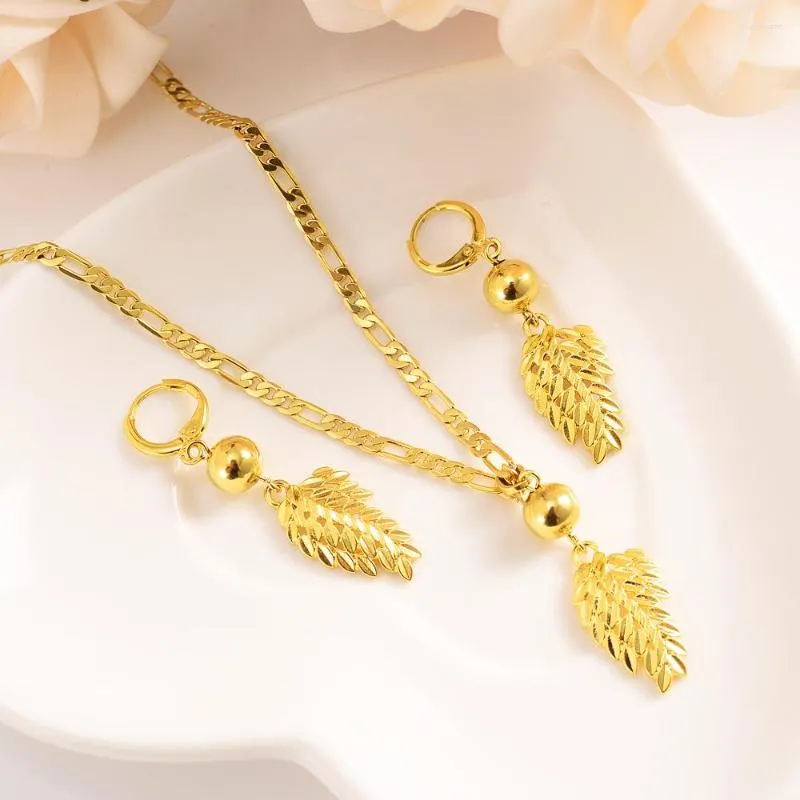 Necklace Earrings Set Gold Dubai African Jewelry Beads Leaf Pendant Wedding Bridal For Women Sweater Chain Party Gifts